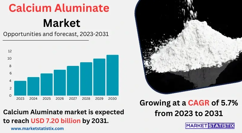 Infographic showing the Calcium Aluminate Market, highlighting key applications, growth trends, and industry demand across sectors